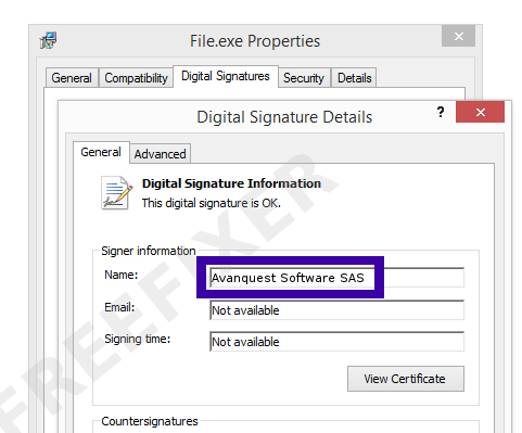 Screenshot of the Avanquest Software SAS certificate